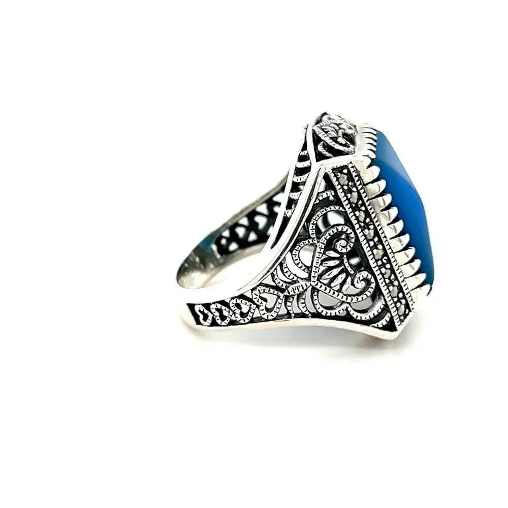 Large Sterling Silver 925‎ Blue Stone/Marcasite Ring